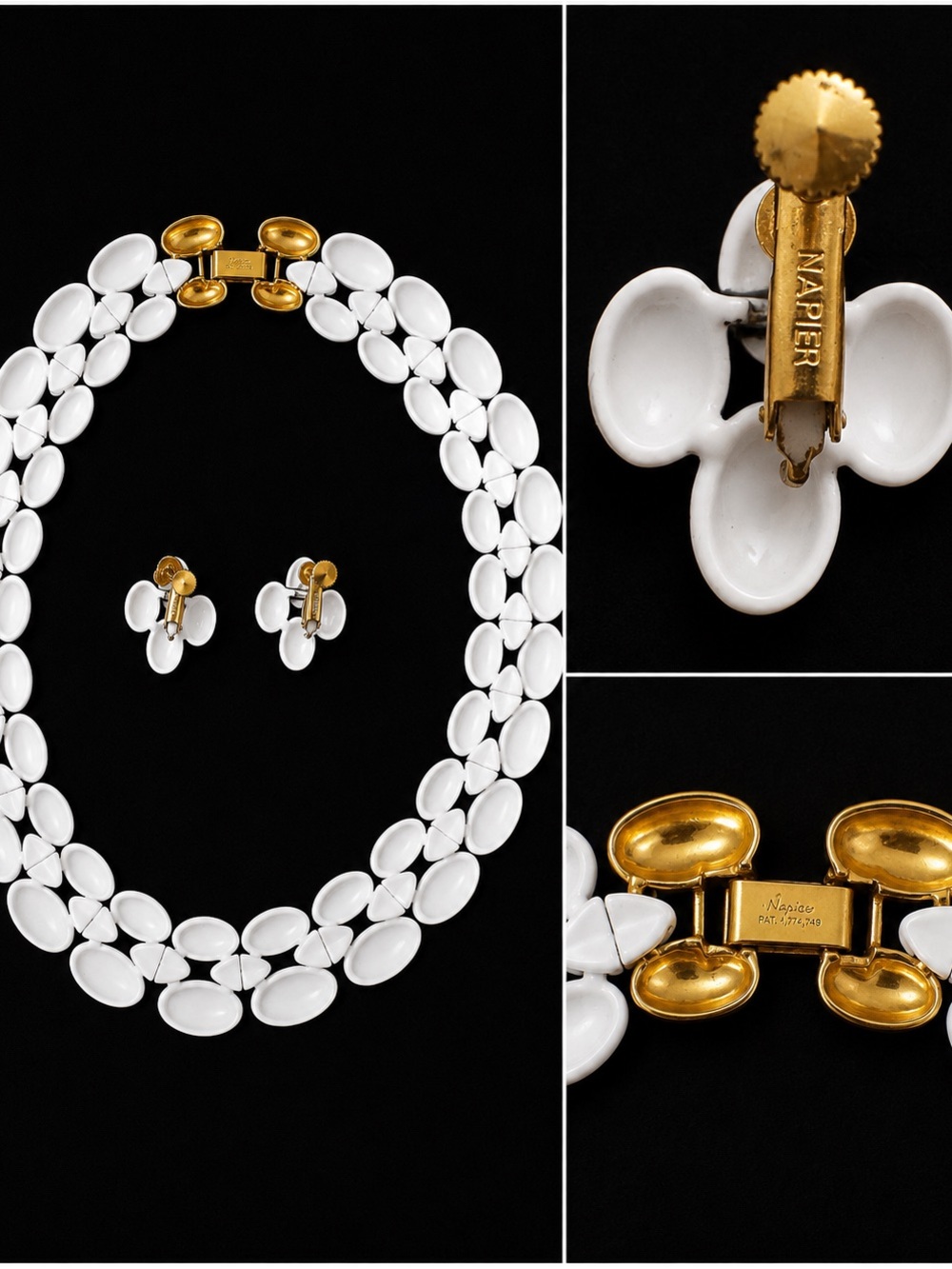 Vintage Signed Napier White Enamel Necklace & Clip-On Earring Set Gold Tone - Picture 5 of 7